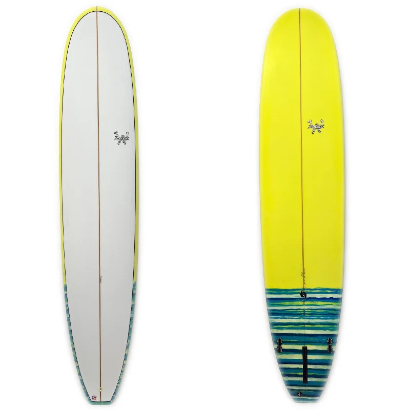 surfboards with quad-fin setups for speed-WBZ 9'1" Moonwalker - Yellow Hull w/striped tail