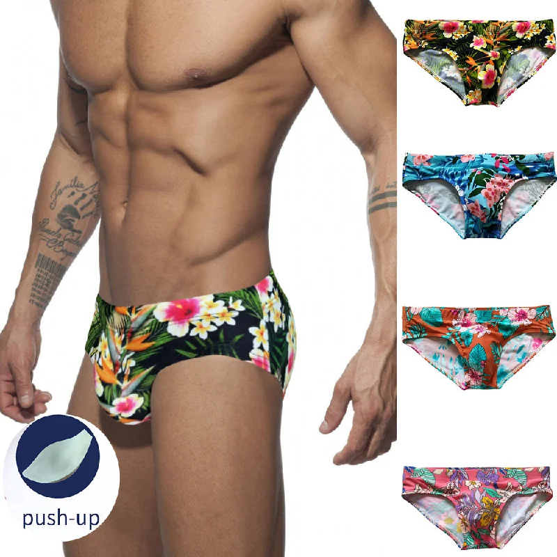 New Low Waist Swimwear Push Pad Swim Briefs Print Men Swimsuit Sexy